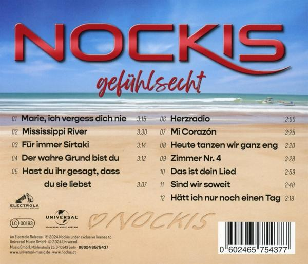 Die Rückseite einer CD-Hülle mit Trackliste und Logo. Im Hintergrund sind Ozean und Sand zu sehen.