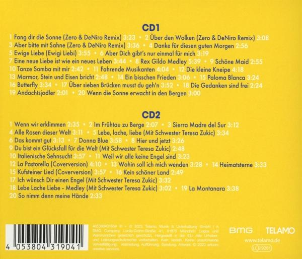 CD1- und CD2-Titellisten mit deutschen Songtiteln auf gelbem Hintergrund.