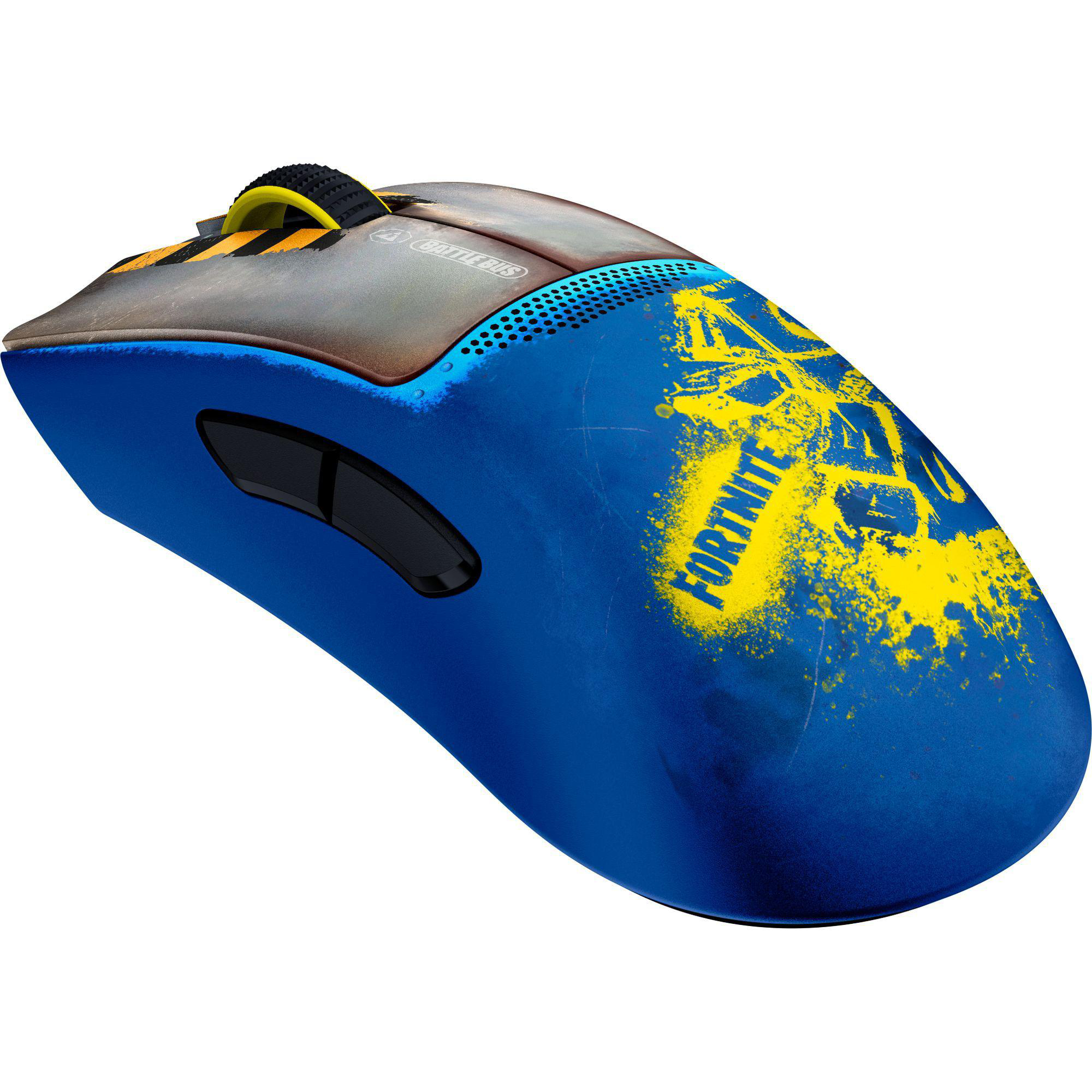 Eine blaue und gelbe Gaming-Maus mit dem Fortnite-Logo auf der Seite.