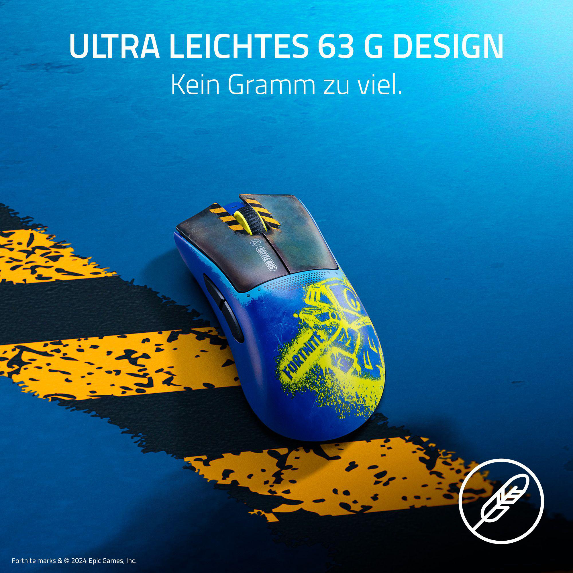 Blaue und schwarze Fortnite-Maus mit gelbem Design und Text.