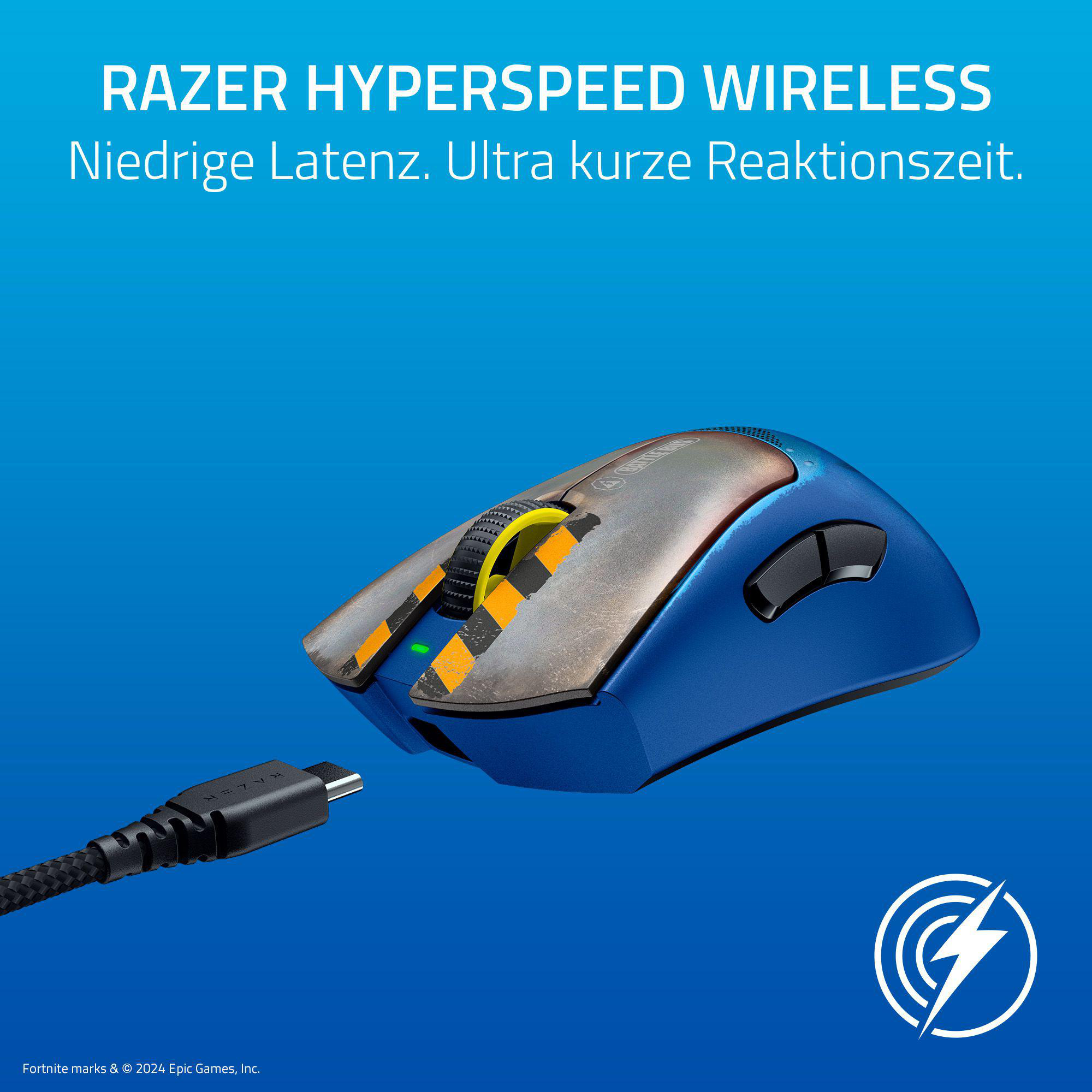Blaue Razer Gaming-Maus mit Ladekabel. Text: RAZER HYPERSPEED WIRELESS.
