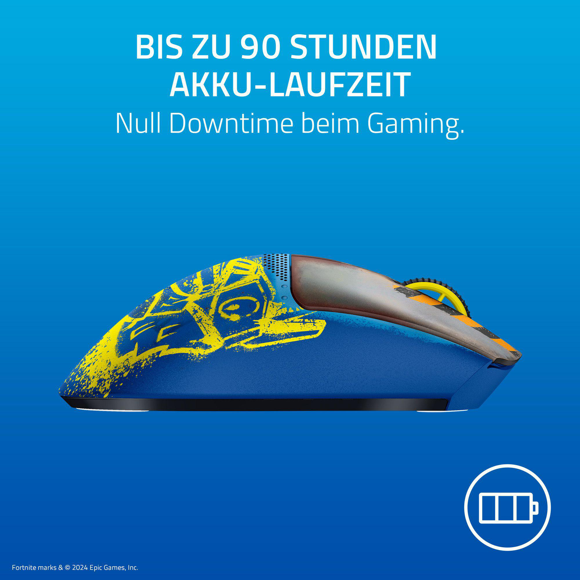 Eine blaue und gelbe Gaming-Maus mit Akku-Symbol und Text 'Bis zu 90 Stunden Akku-Laufzeit'.