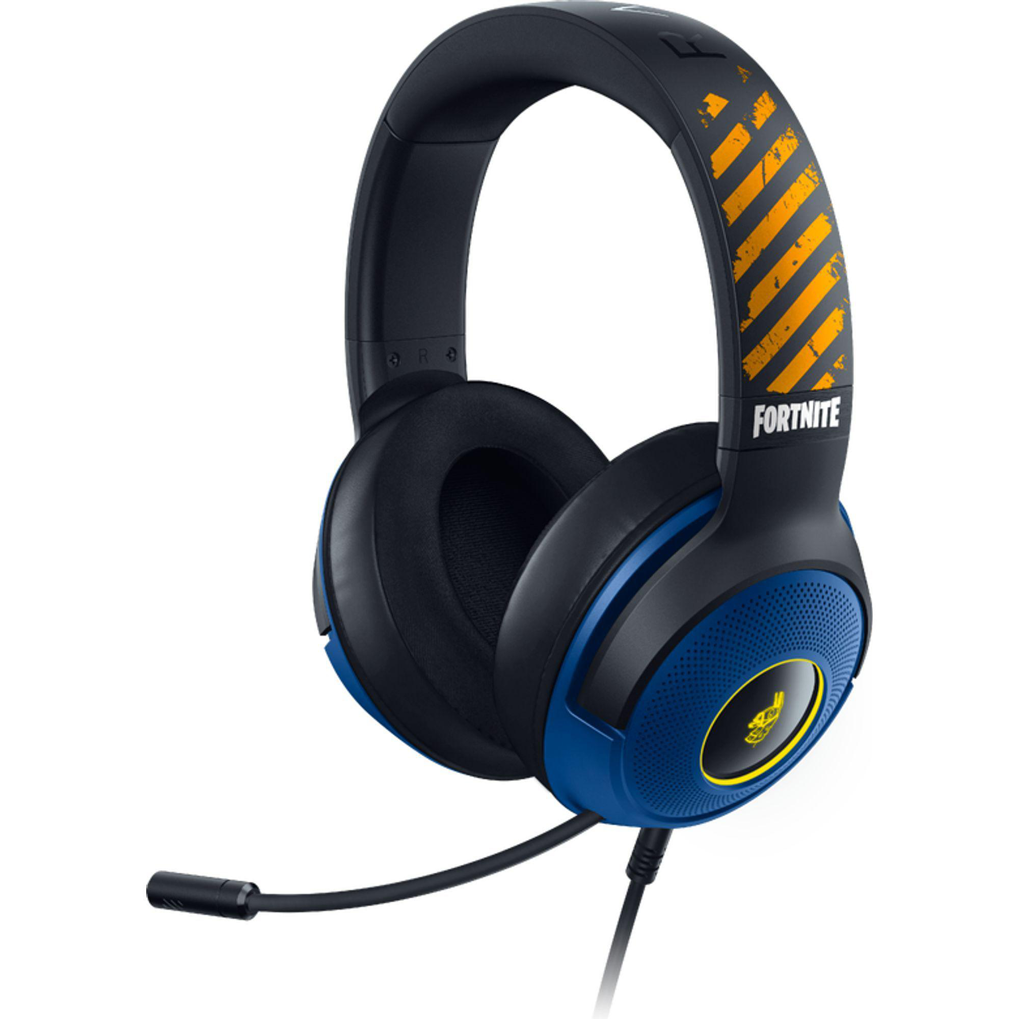 Blaues und schwarzes Fortnite-Headset mit Mikrofon, auf weißem Hintergrund.