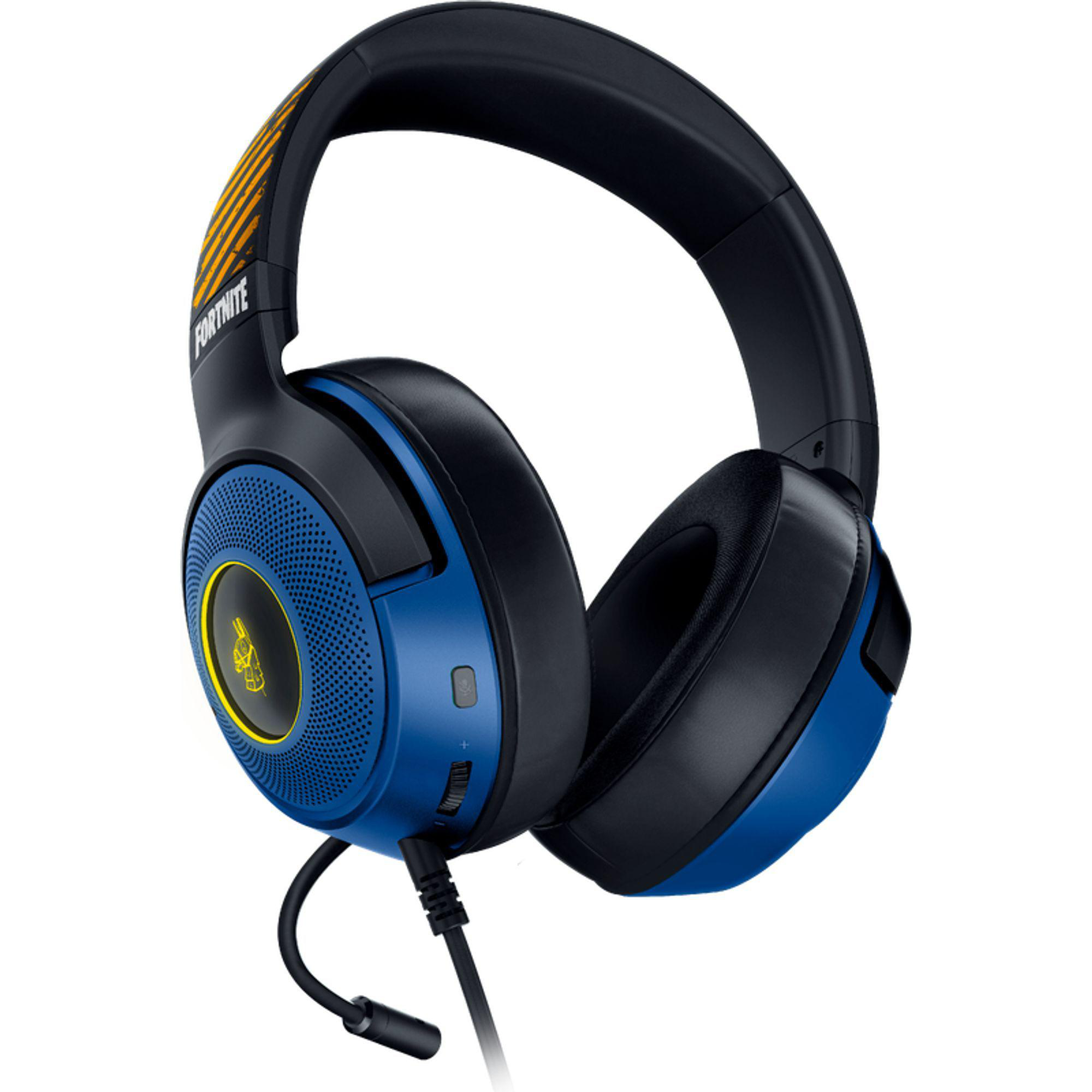 Blaues und schwarzes Fortnite-Gaming-Headset mit gelbem Logo.
