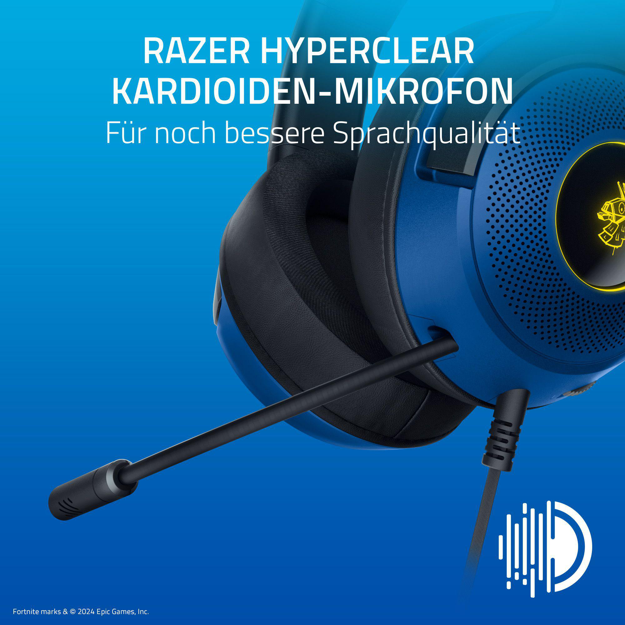 Blaues Gaming-Headset mit Mikrofon, auf blauem Hintergrund.