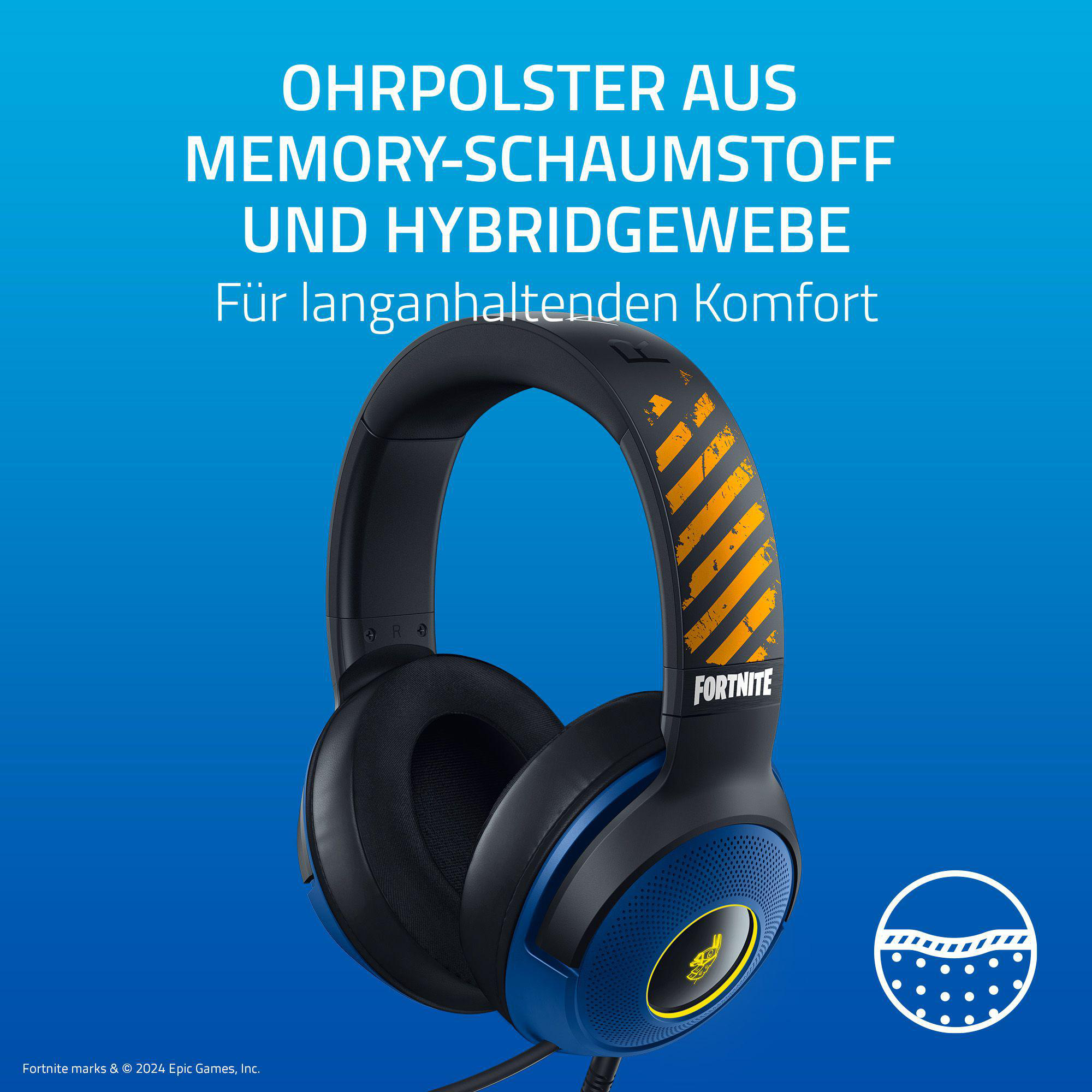 Schwarze und blaue Fortnite-Kopfhörer mit gelbem Logo.