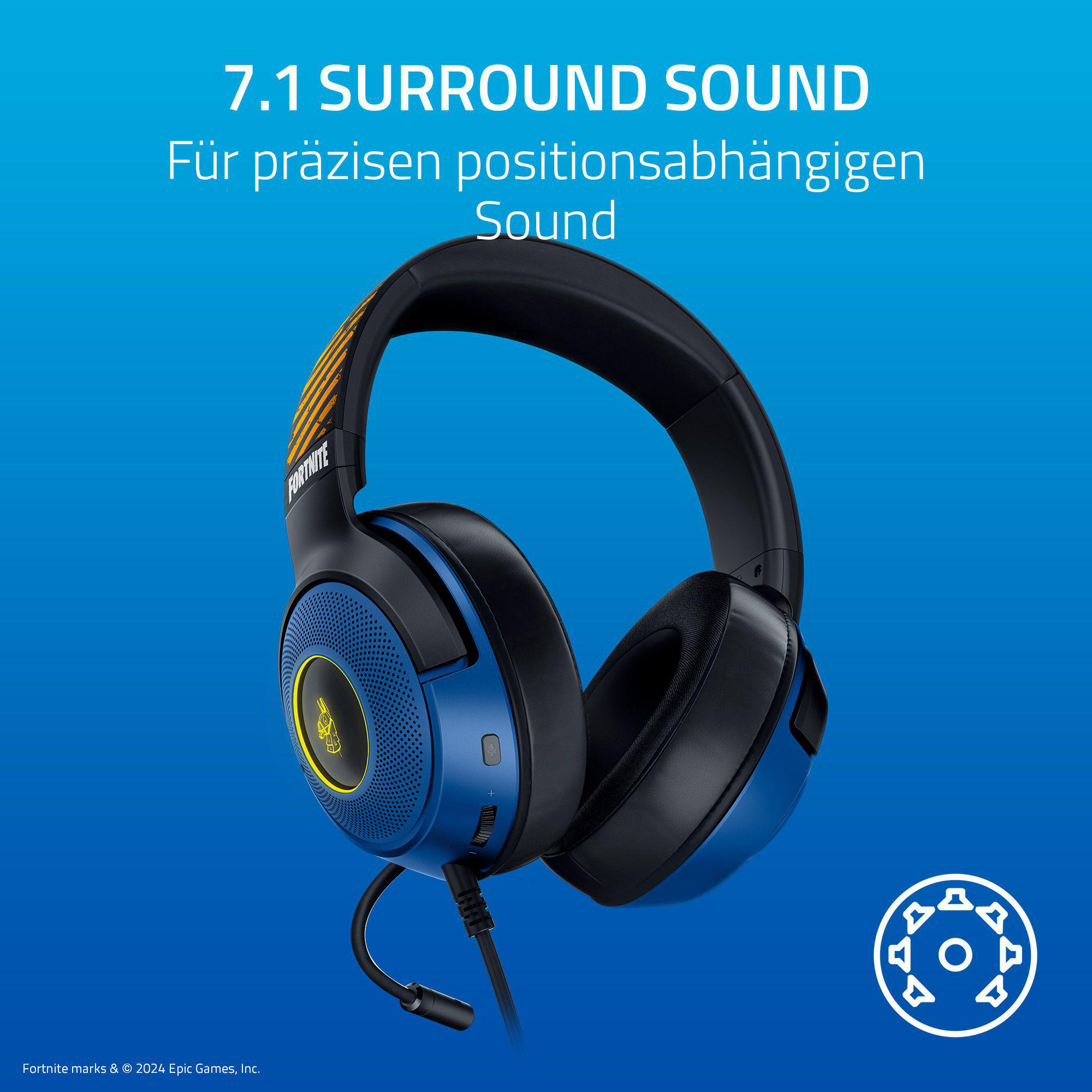 Blaues und schwarzes Gaming-Headset. Text: 7.1 Surround Sound. Weißer Hintergrund.