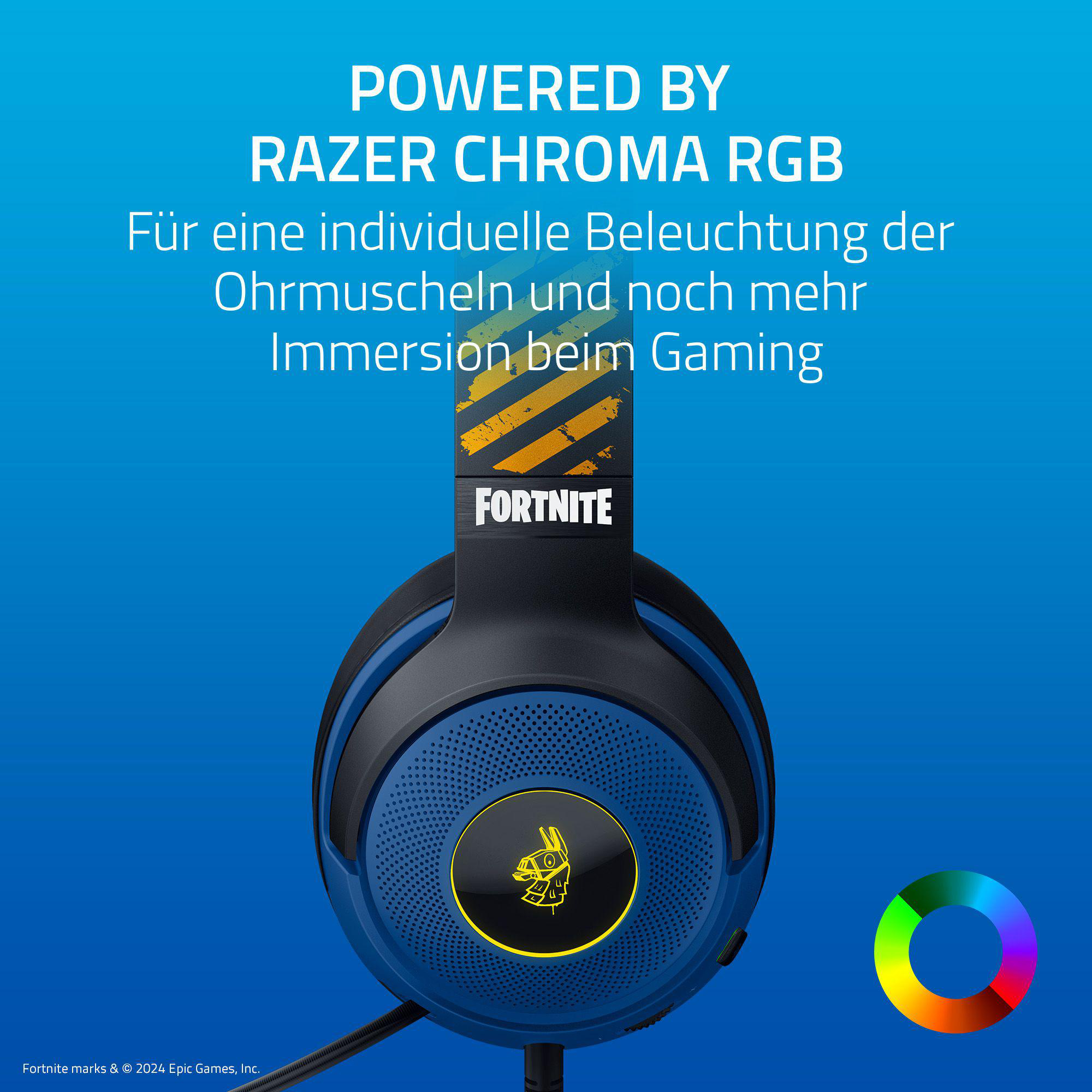 Blau-schwarzes Fortnite-Gaming-Headset mit RGB-Beleuchtung, Fortnite-Logo auf blauem Hintergrund.