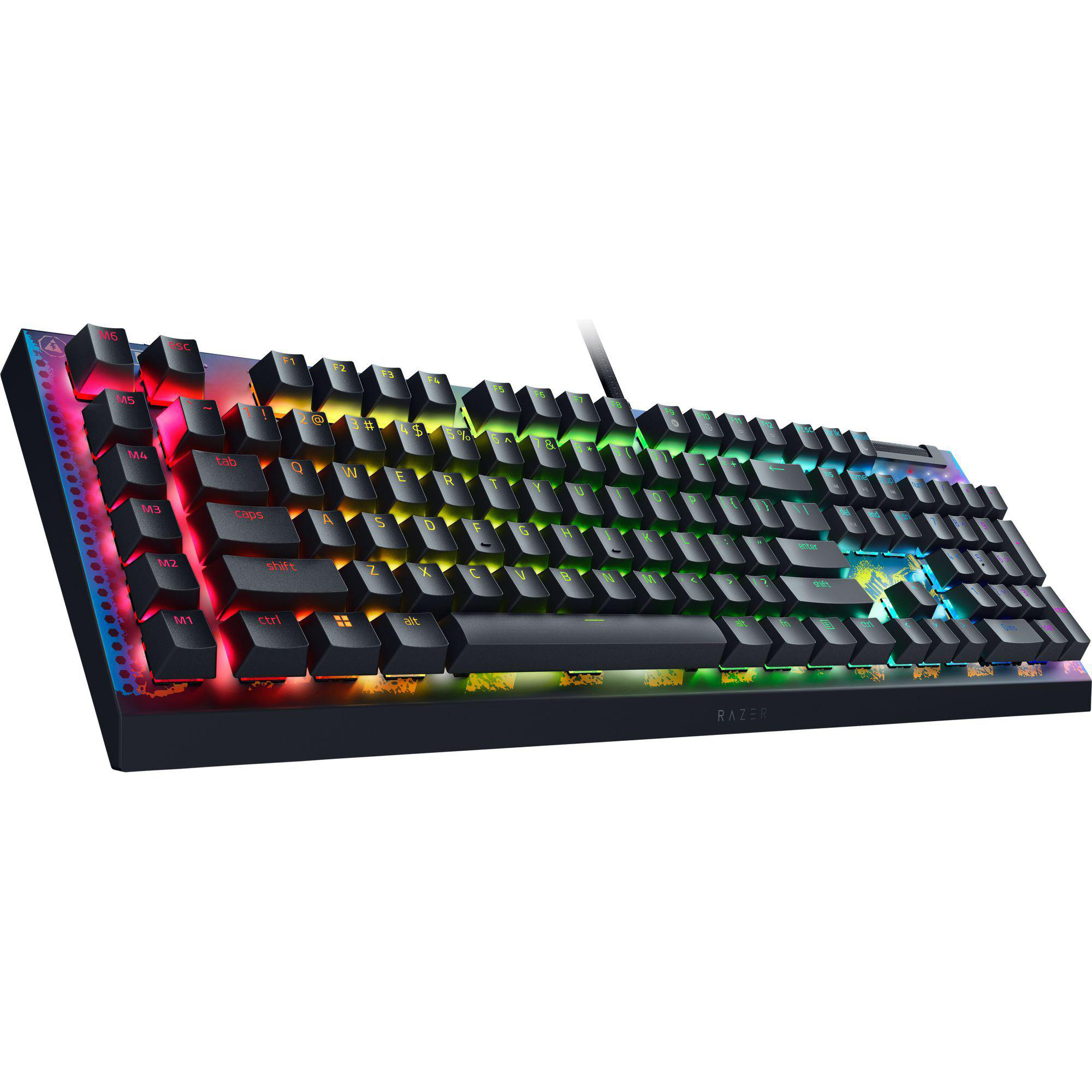 Schwarze Razer-Tastatur mit RGB-Beleuchtung. Die Tasten leuchten in mehreren Farben. Der Hintergrund ist weiß.