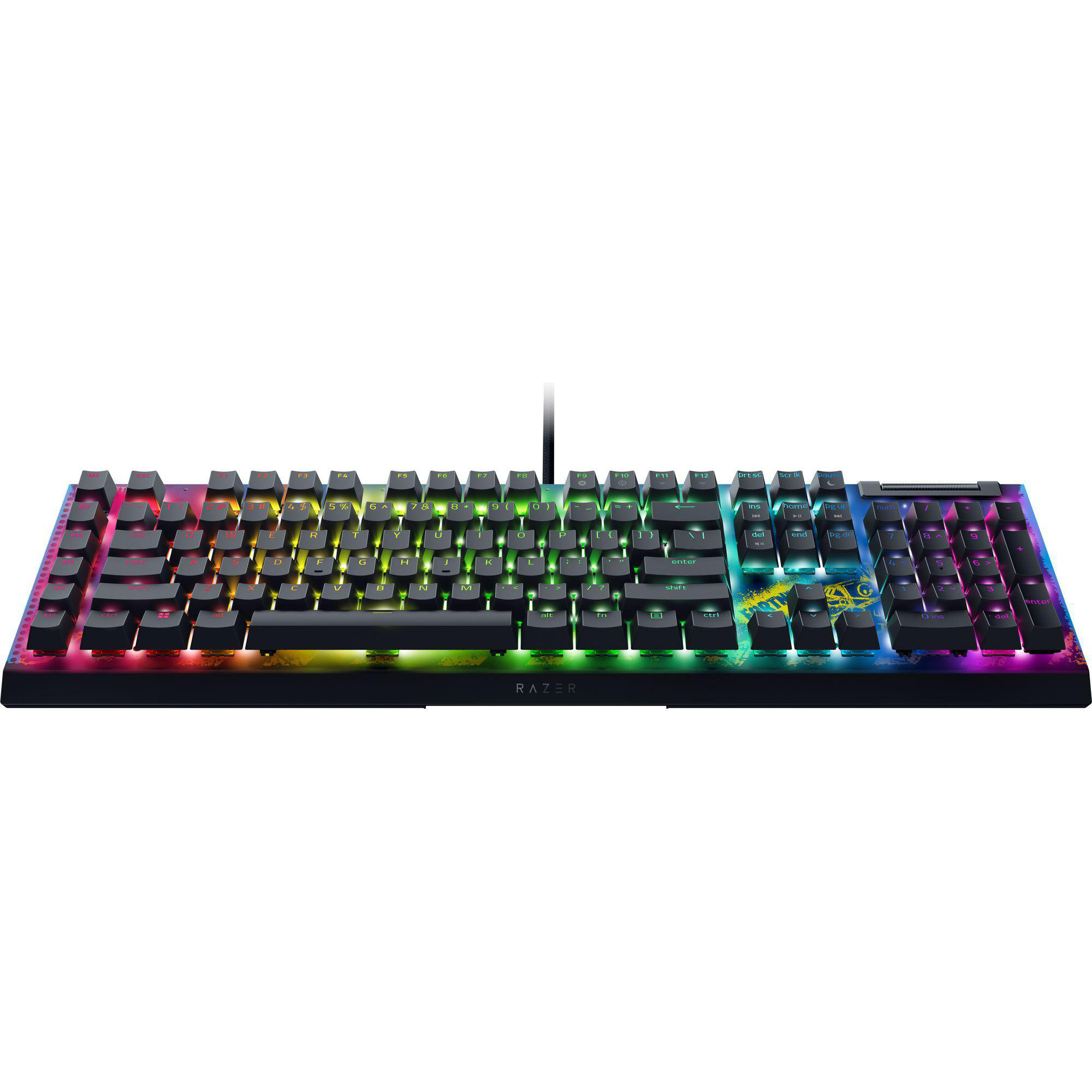 Schwarze Razer-Tastatur mit bunten beleuchteten Tasten und Logo.