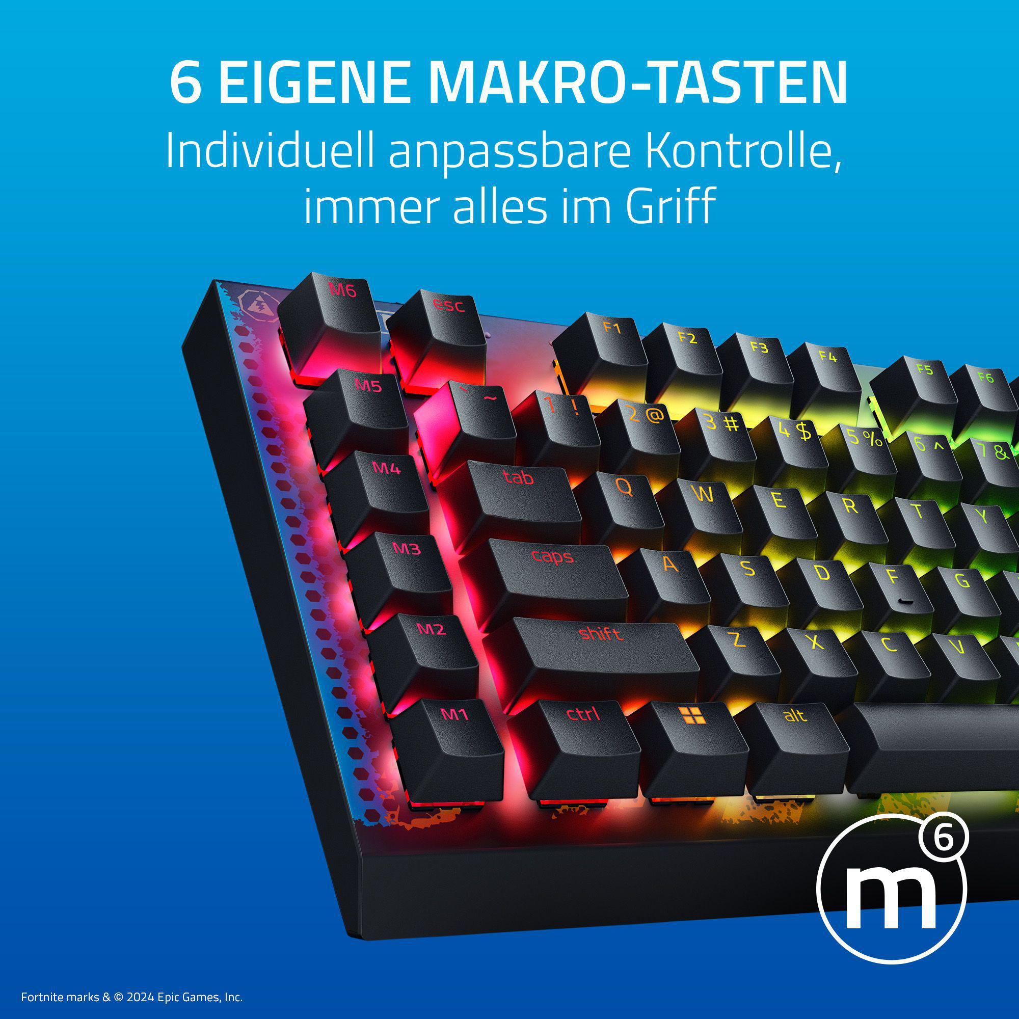 Eine schwarze Tastatur mit roten, orangefarbenen und gelben Tasten. Der Text lautet "6 EIGENE MAKRO-TASTEN".
