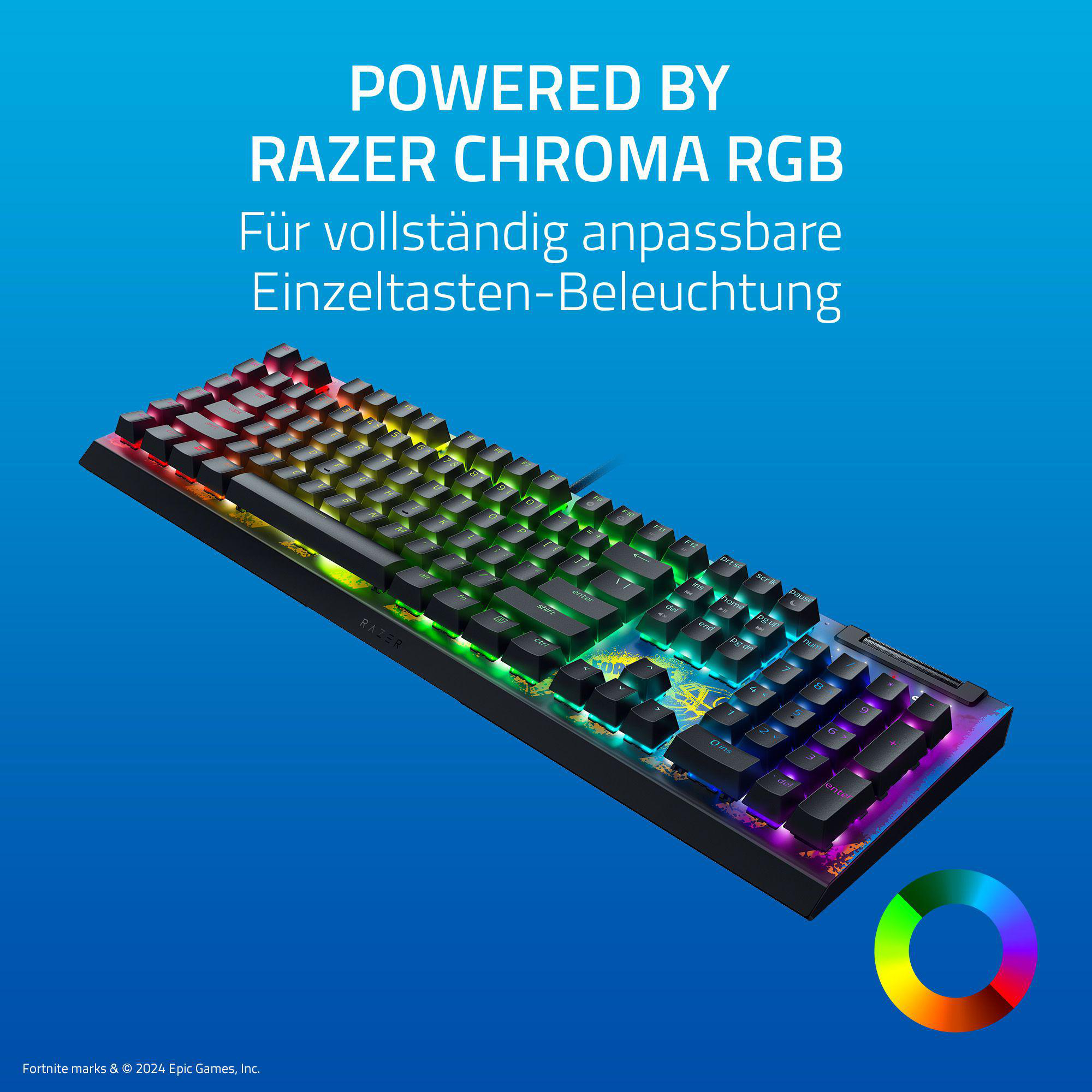 Razer-Tastatur mit RGB-Beleuchtung. Text lautet 'Powered by Razer Chroma RGB'.