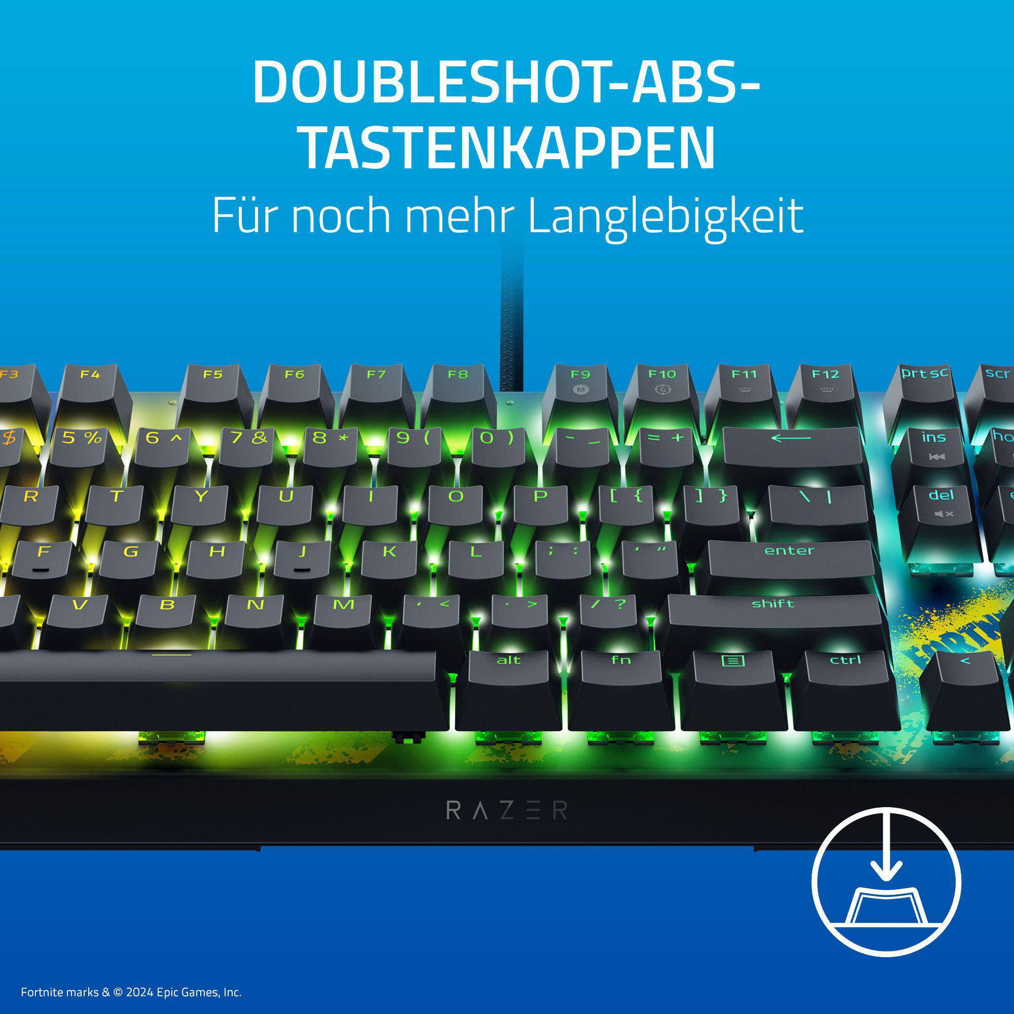 Schwarze Razer-Tastatur mit grün hinterleuchteten Tasten. Weißer Text oben. Die Tastatur ist zentriert.