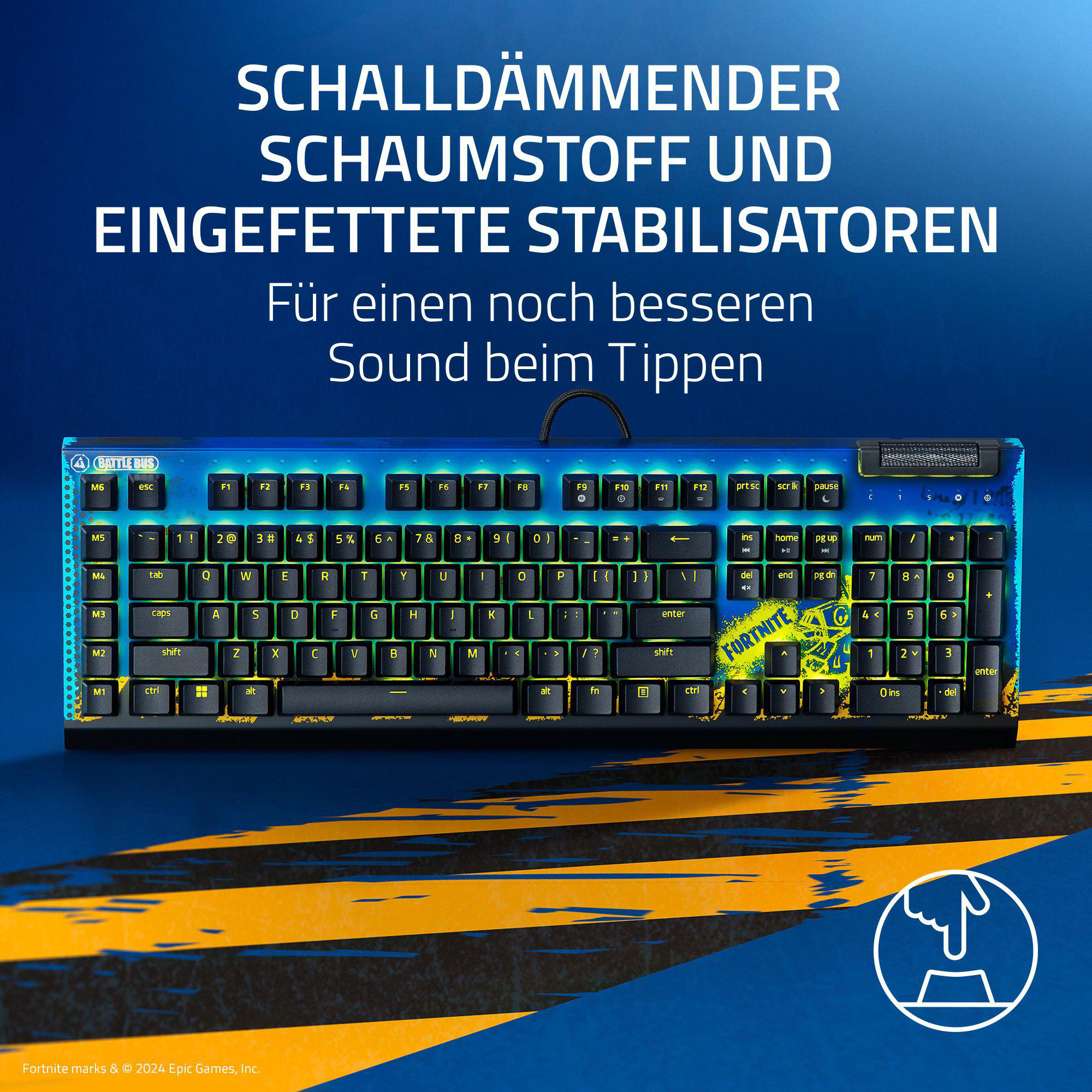 Blaue und gelbe Gaming-Tastatur mit Text und einem Handsymbol für ein Tutorial.