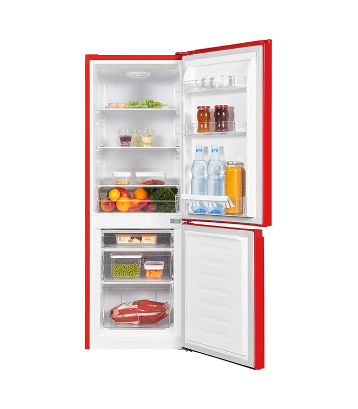 Roter Kühlschrank mit offenen Türen, gefüllt mit Lebensmitteln. Früchte, Getränke und Gemüse sichtbar.