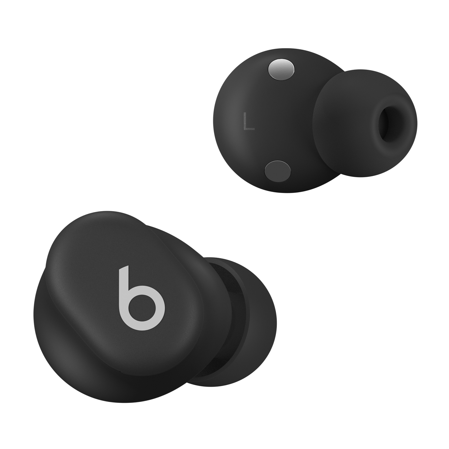 Due auricolari Beats neri, con il logo 'b' su uno e il marchio 'L' sull'altro.
