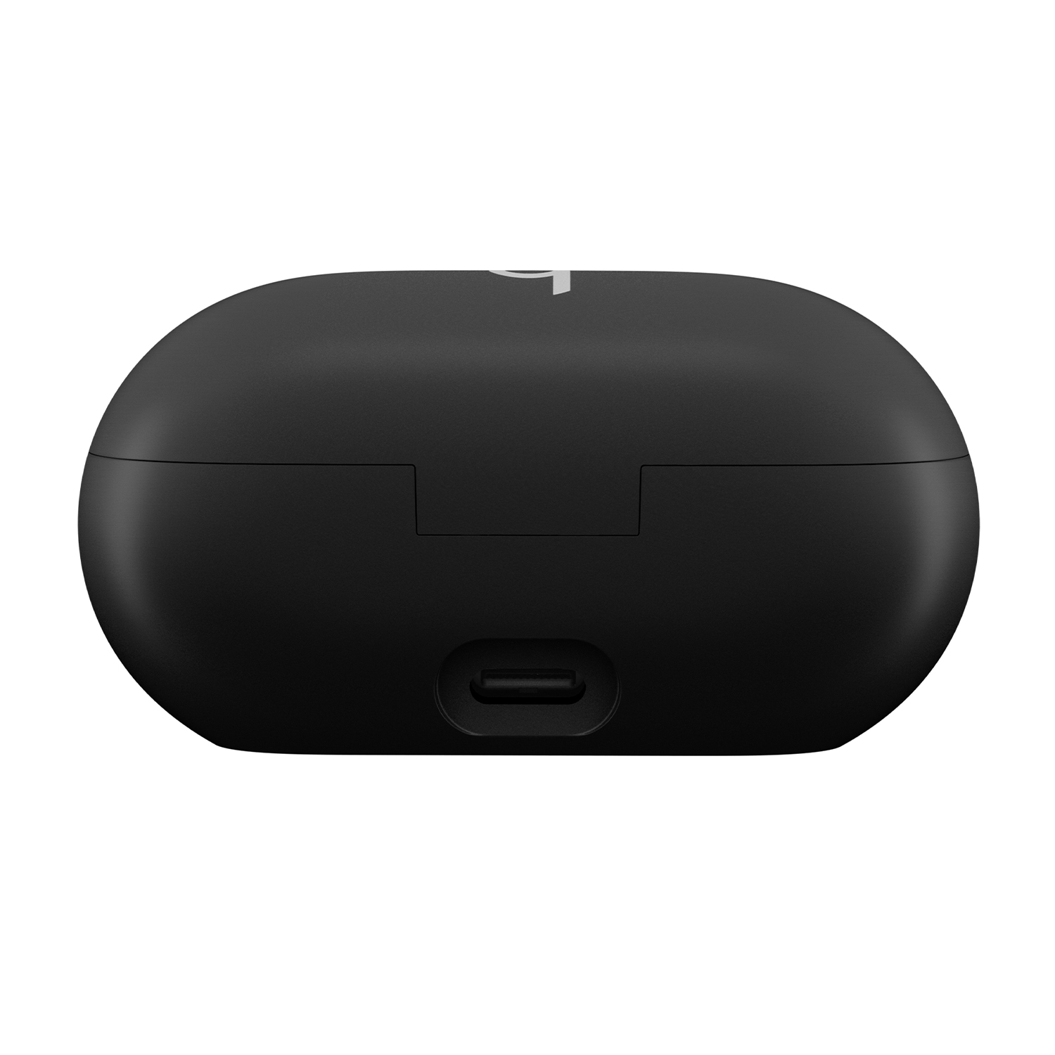 Una custodia di ricarica nera per auricolari con una porta USB-C nella parte inferiore.