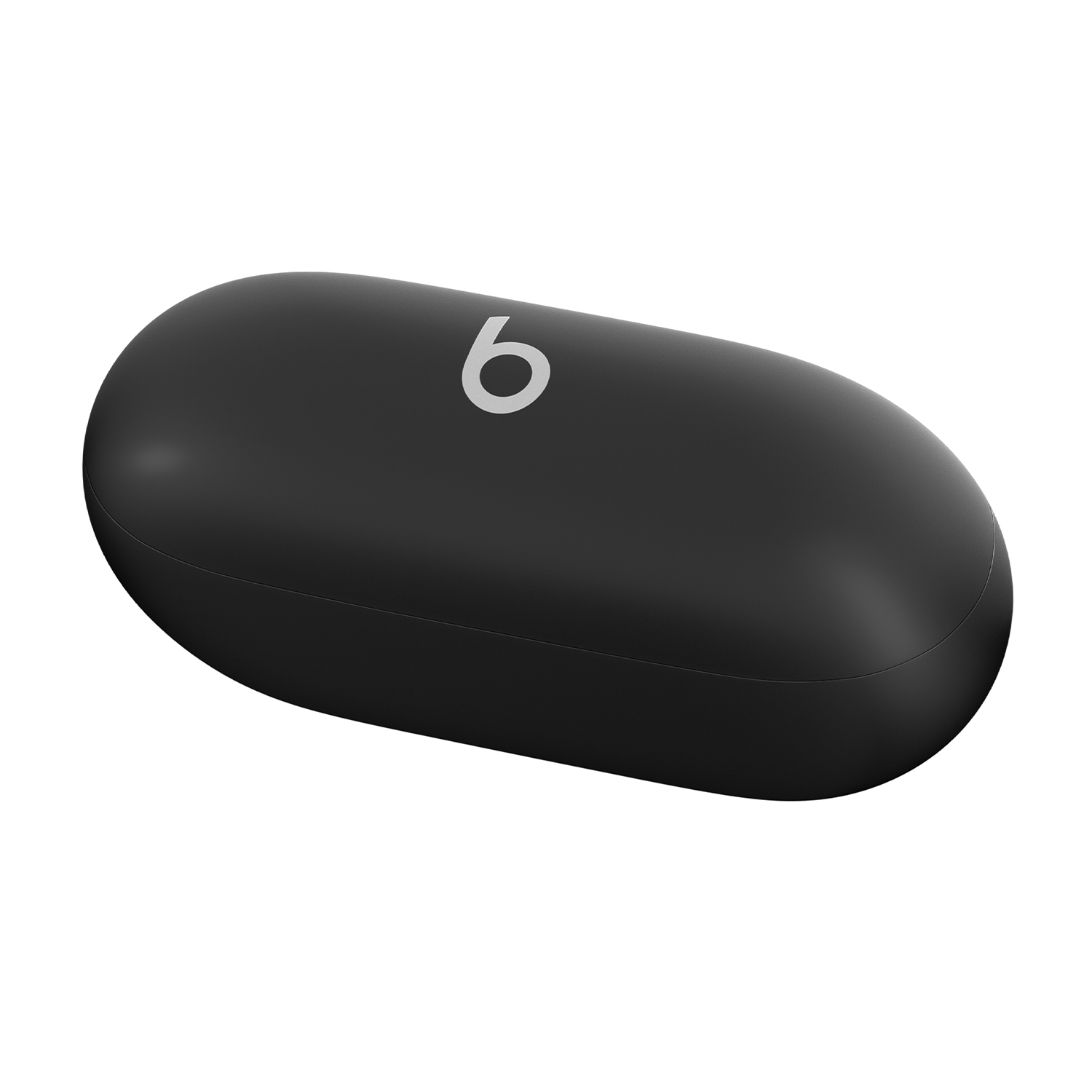 Custodia nera Beats Studio Buds, forma ovale, logo 'b' bianco in alto.