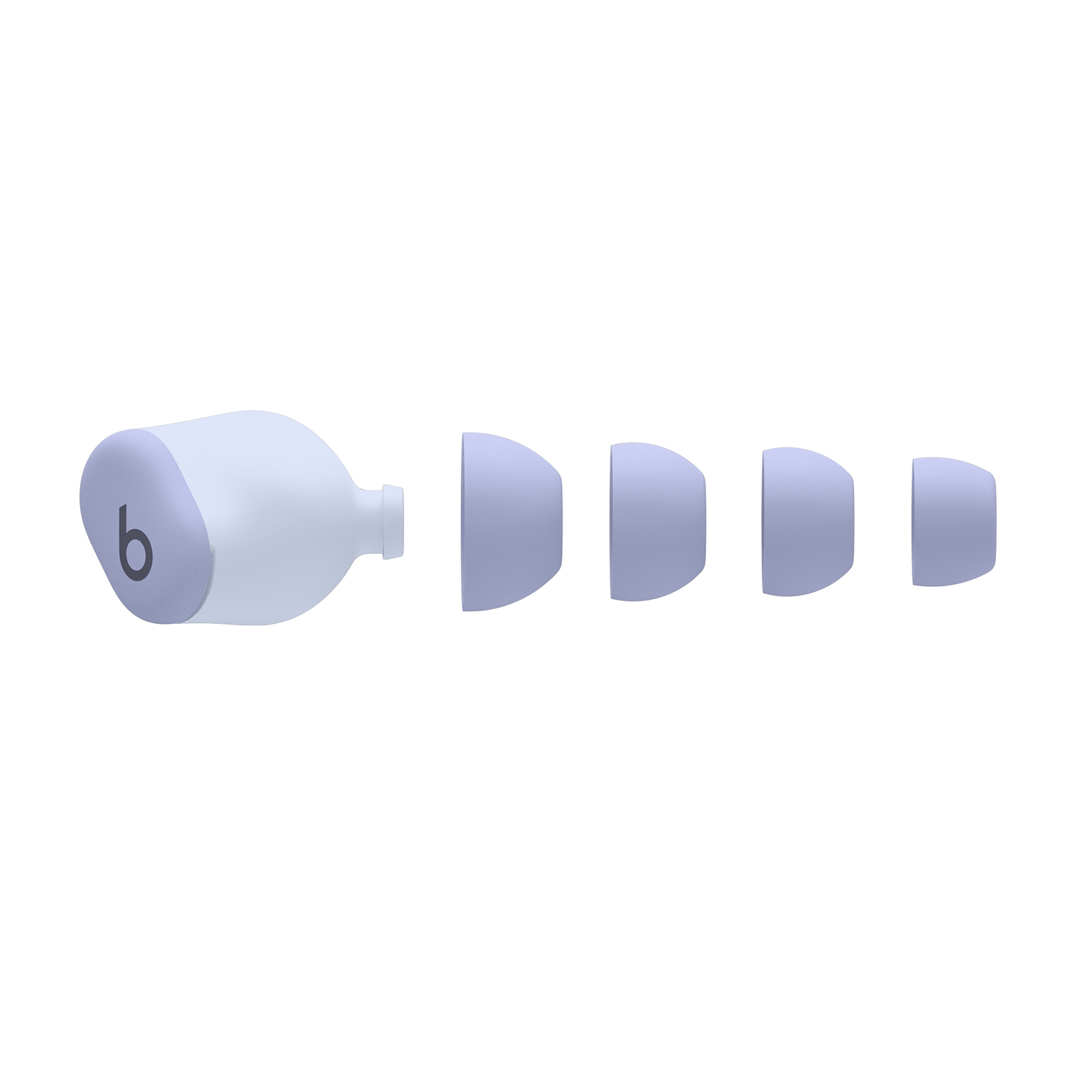 Auricolari con custodia di ricarica e diversi gommini su sfondo bianco.