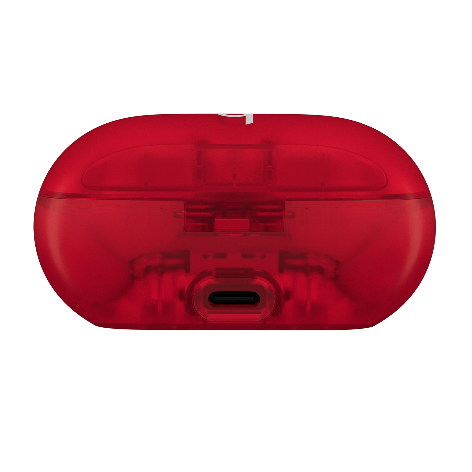 Una custodia di ricarica rossa trasparente per auricolari, con una porta USB-C visibile in basso.