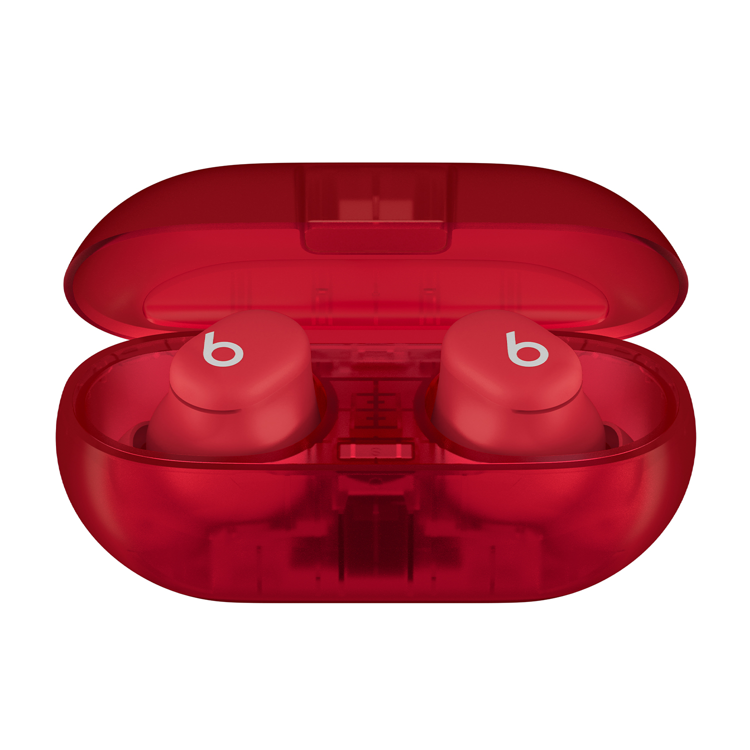 Custodia per auricolari rossa aperta con due auricolari rossi all'interno, su sfondo bianco.