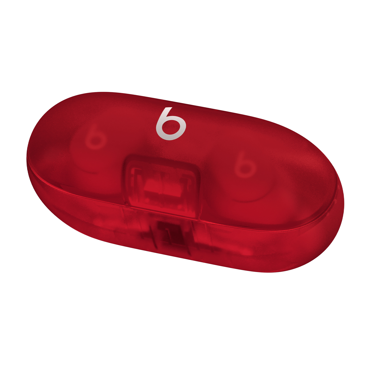 Custodia per auricolari rossa chiusa su sfondo bianco, con il logo 'b' visibile.