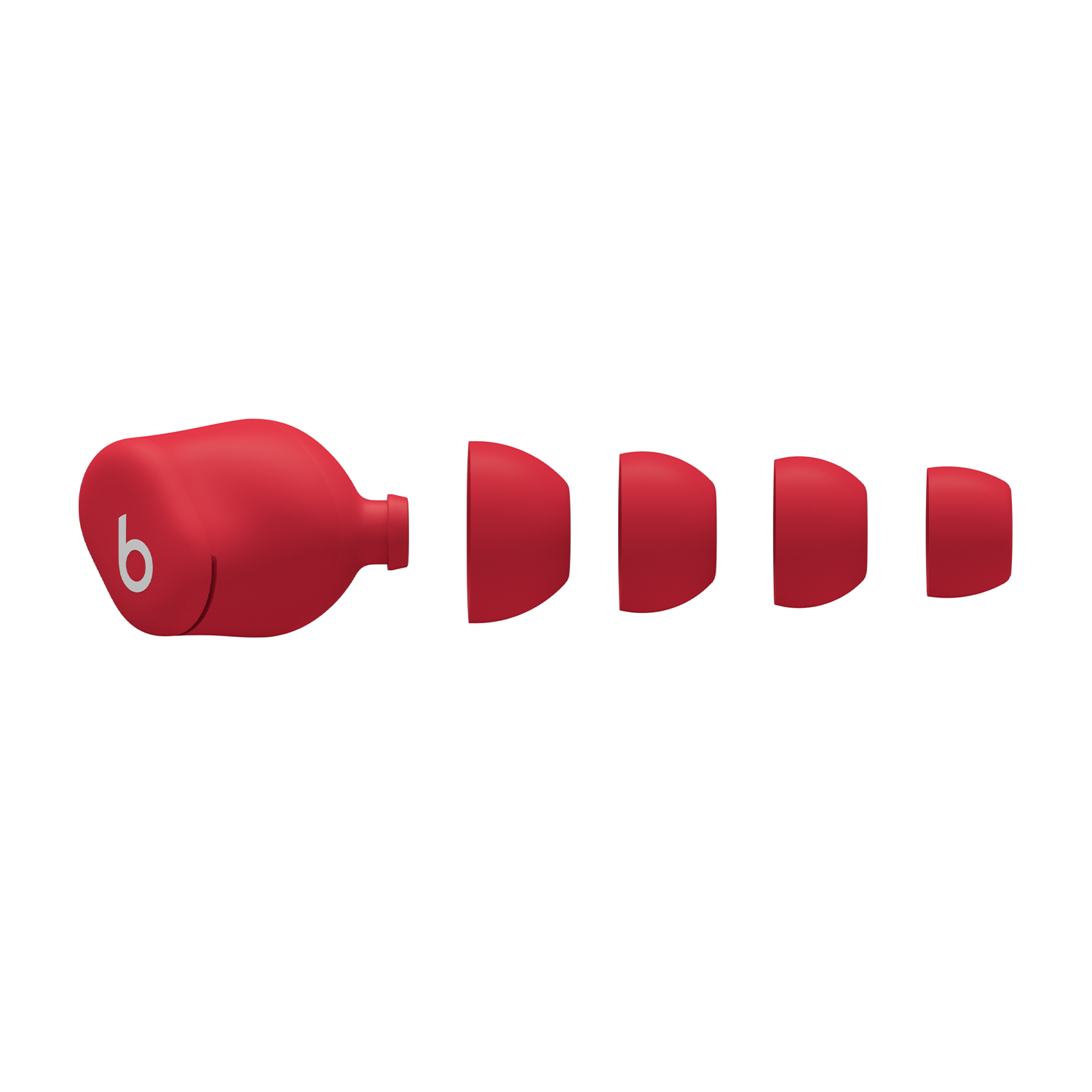Auricolari e punte Beats rossi isolati su sfondo bianco. L'auricolare ha il logo 'b'.