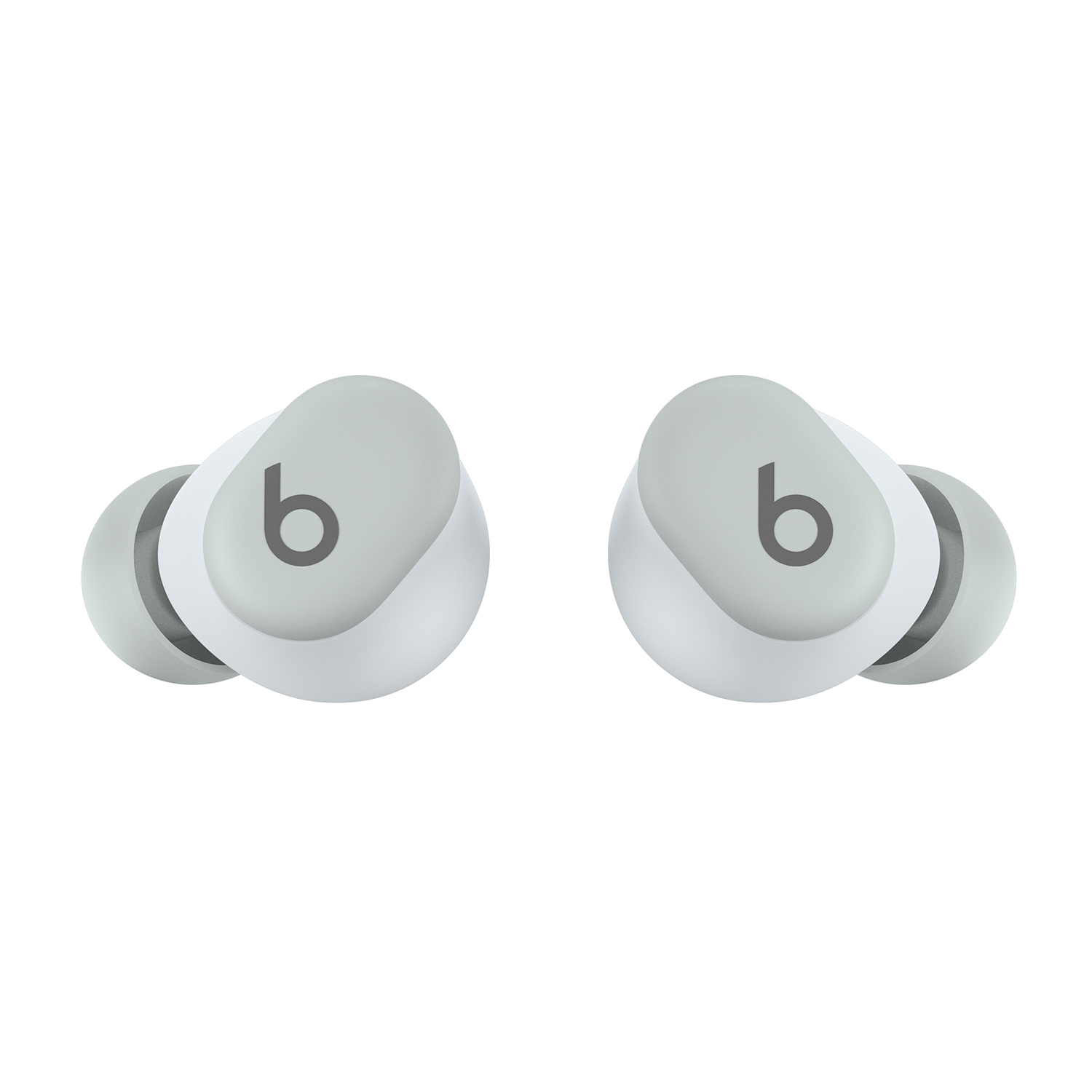 Due auricolari Beats bianchi con auricolari grigi, rivolti verso l'alto.