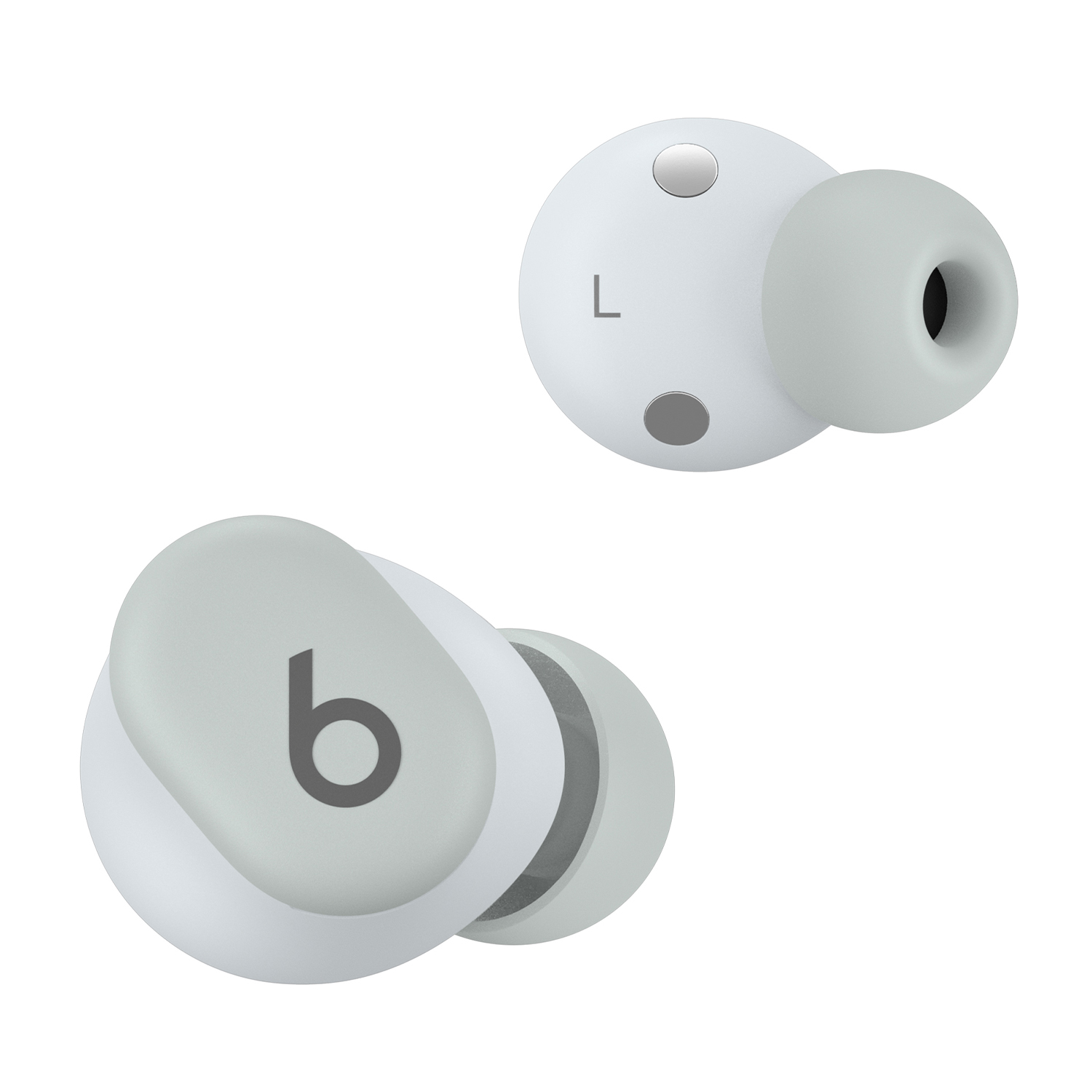 Auricolari bianchi e grigi. Uno ha un marchio "L", l'altro ha una "b" per Beats.