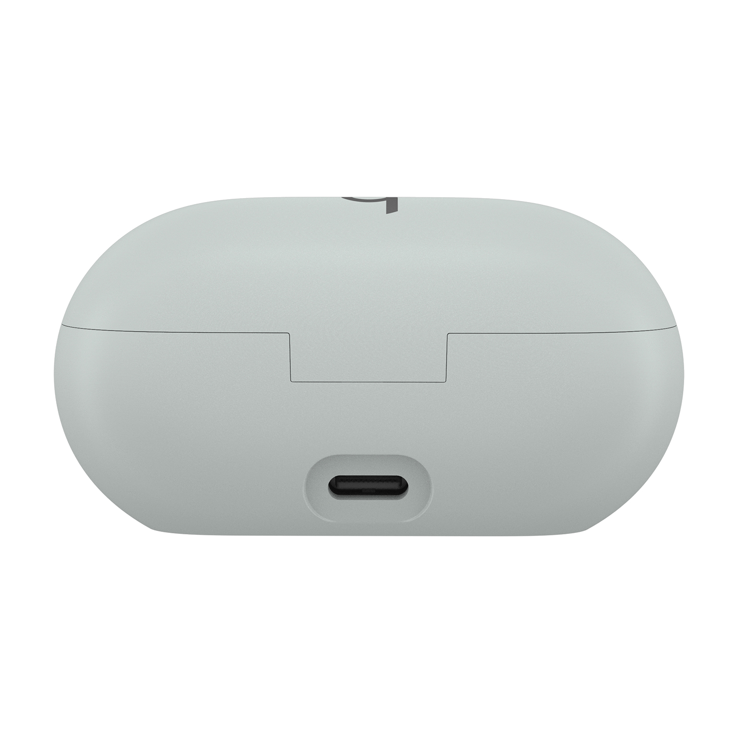 Una custodia di ricarica per auricolari chiusa, di forma ovale, grigio chiaro, con una porta USB-C.