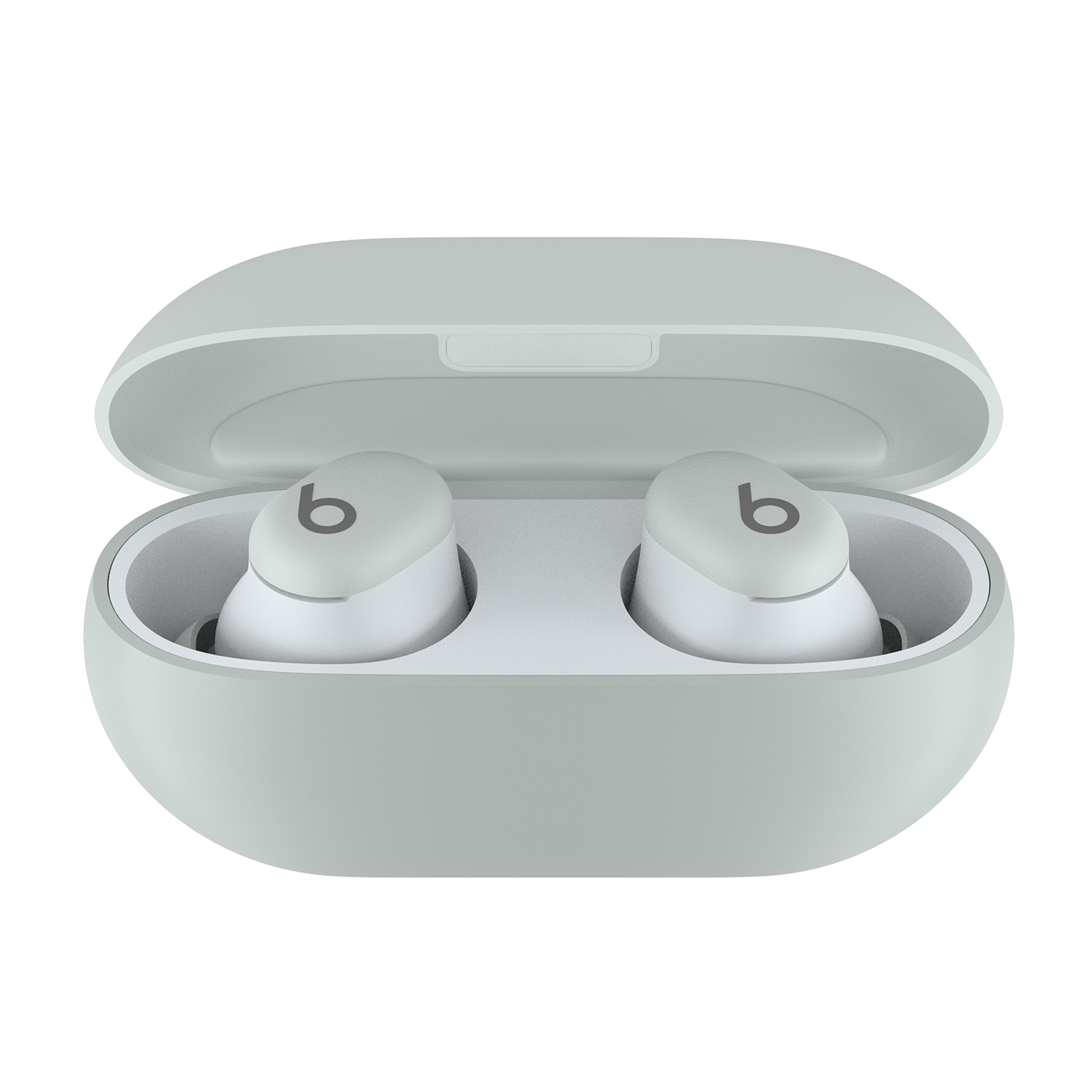 Auricolari Beats grigio chiaro nella loro custodia aperta.