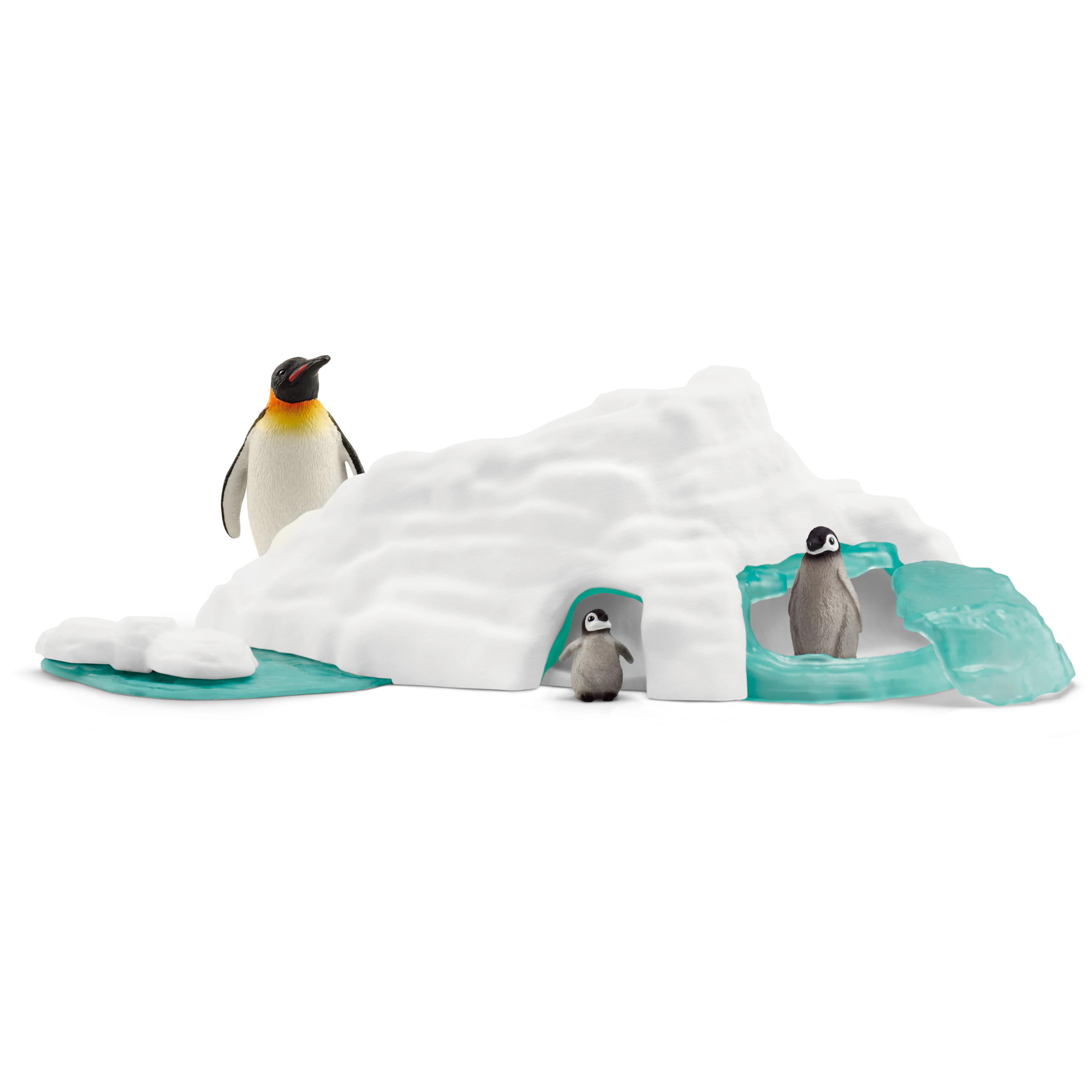 Pinguine und Iglu. Ein Pinguin steht, zwei Pinguine im Iglu und eine Eisscholle.