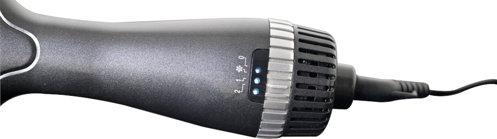 A black hair styling tool with settings.