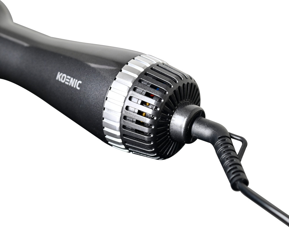 Black and silver hair dryer with the brand name KOENIC.