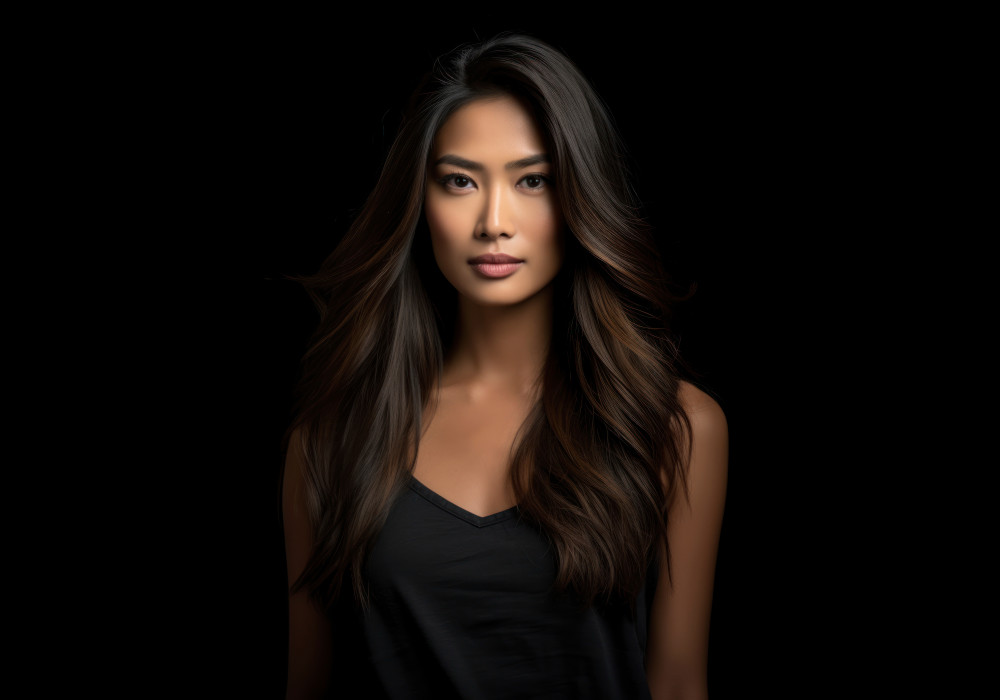 A woman with long dark hair. She is wearing a black top, against a black background.