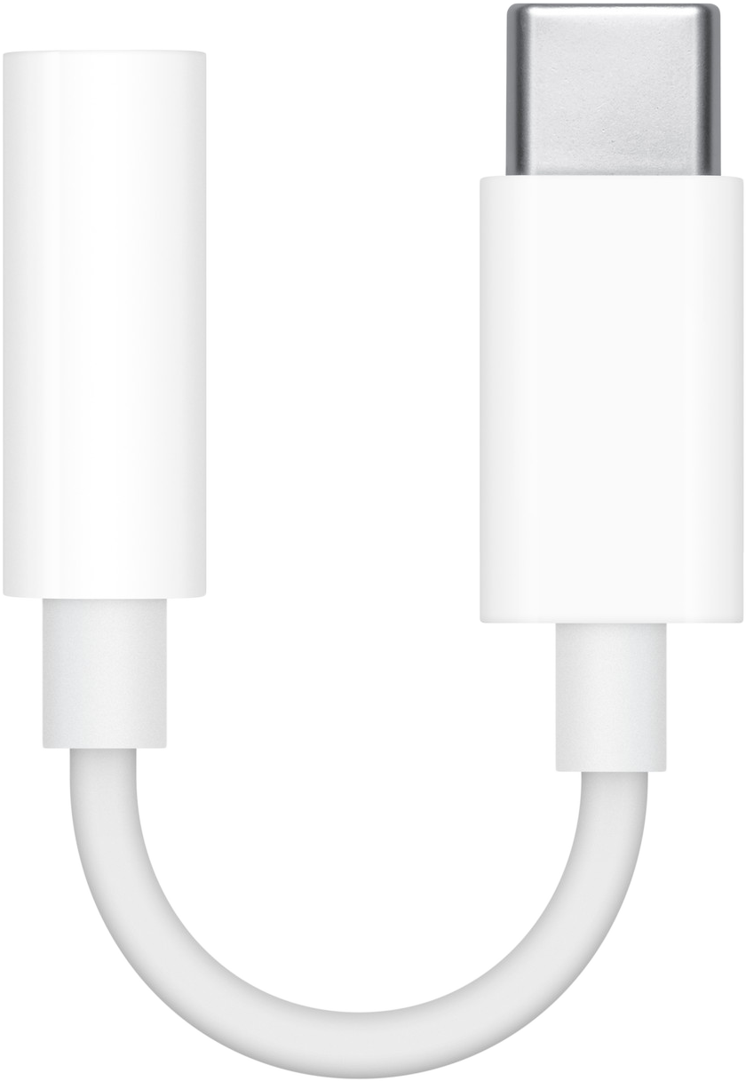 Fehér USB-C–3,5 mm-es adapter, U-alakú, fekete háttéren elszigetelve.