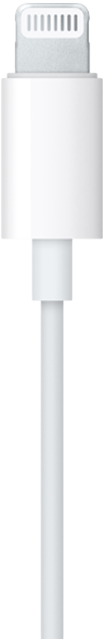 Fehér iPhone Lightning kábel, közelkép fekete háttéren.