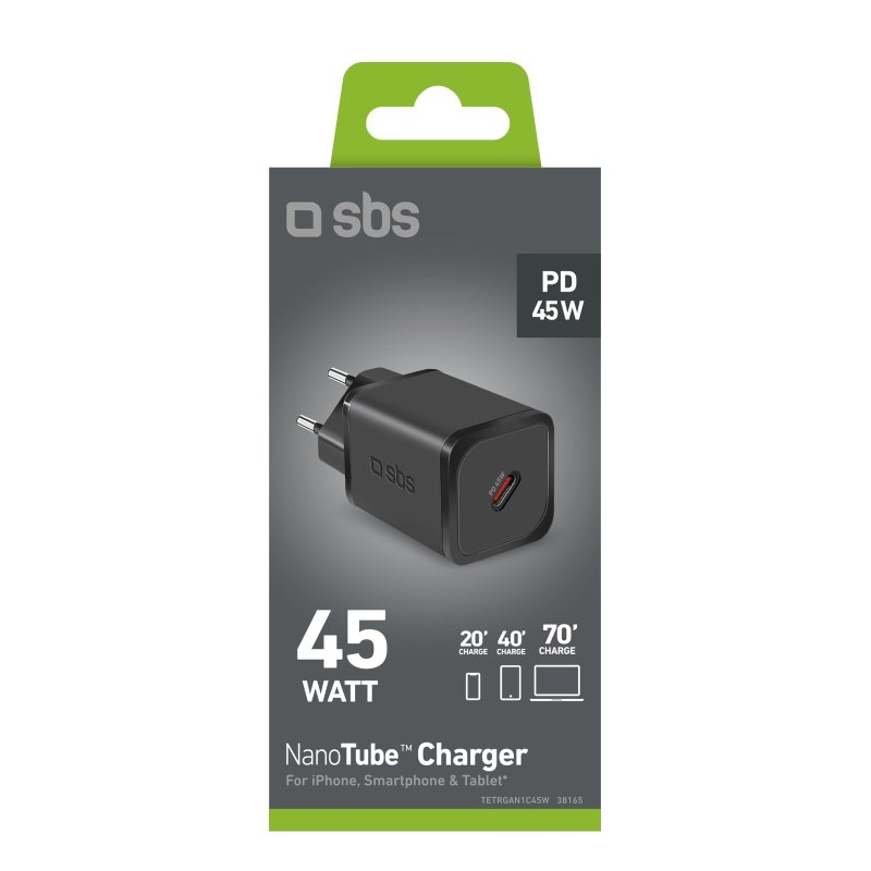 Eine schwarze Netzadapterbox mit 'PD 45W' und 'NanoTube' Charger-Text.