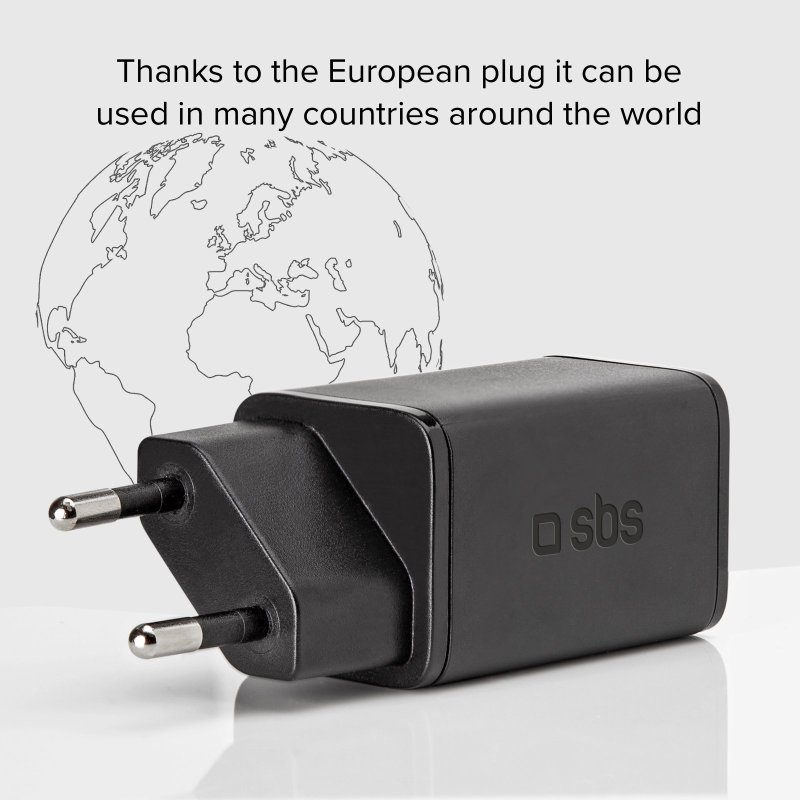 Ein schwarzer Netzadapter mit europäischem Stecker, Text und Weltkartenillustration.