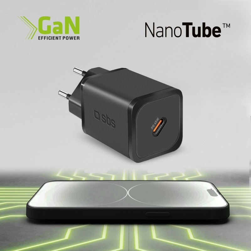 Ein schwarzes GaN-Ladegerät mit einem Telefon und dem Text NanoTube.