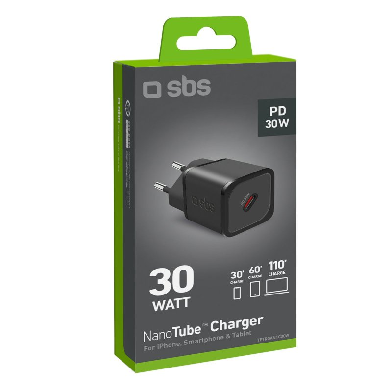 Eine schwarze und grüne Ladegerätbox mit '30W' und 'NanoTube Charger' Text auf weißem Grund.