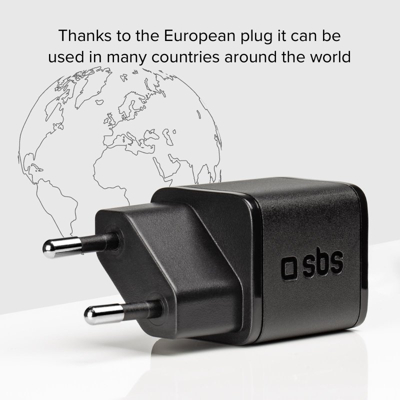 Schwarzer Eurostecker-Adapter mit Umriss einer Weltkarte.