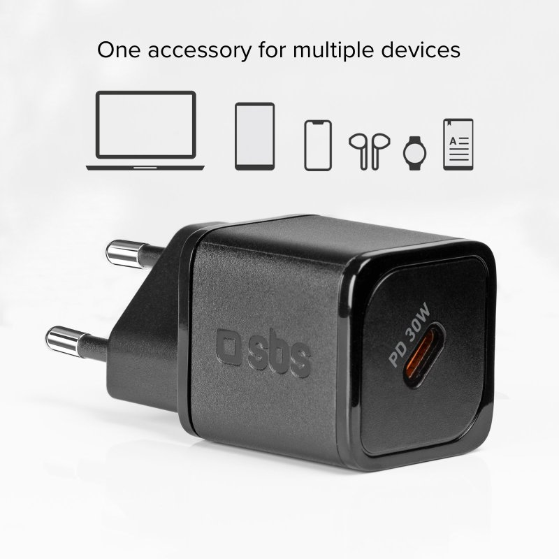 Schwarzes Ladegerät mit USB-C-Anschluss. Icons von elektronischen Geräten im Hintergrund.
