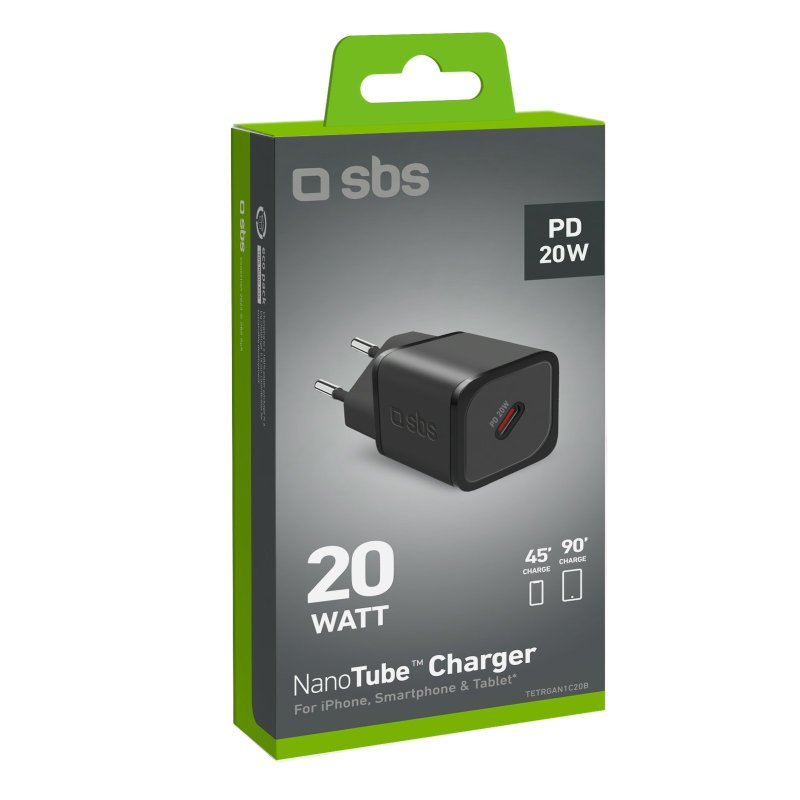 Schwarze Ladebox mit „PD 20W“-Etikett und weißem Kabel. Text auf der Verpackung lautet „NanoTube Charger“.