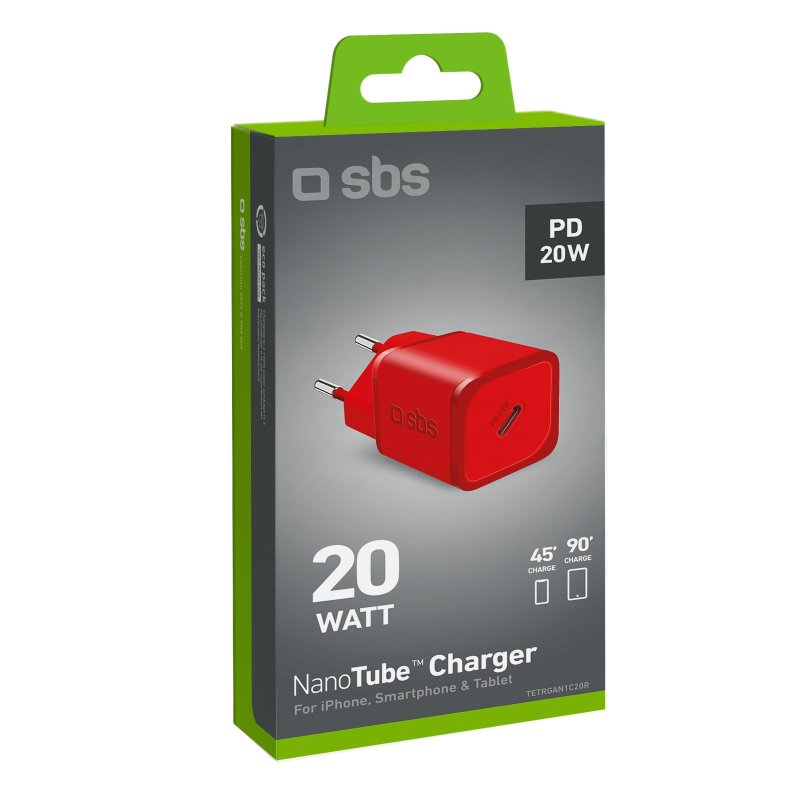 Rotes 20W NanoTube Ladegerät in einer Box mit Spezifikationen und Branding.
