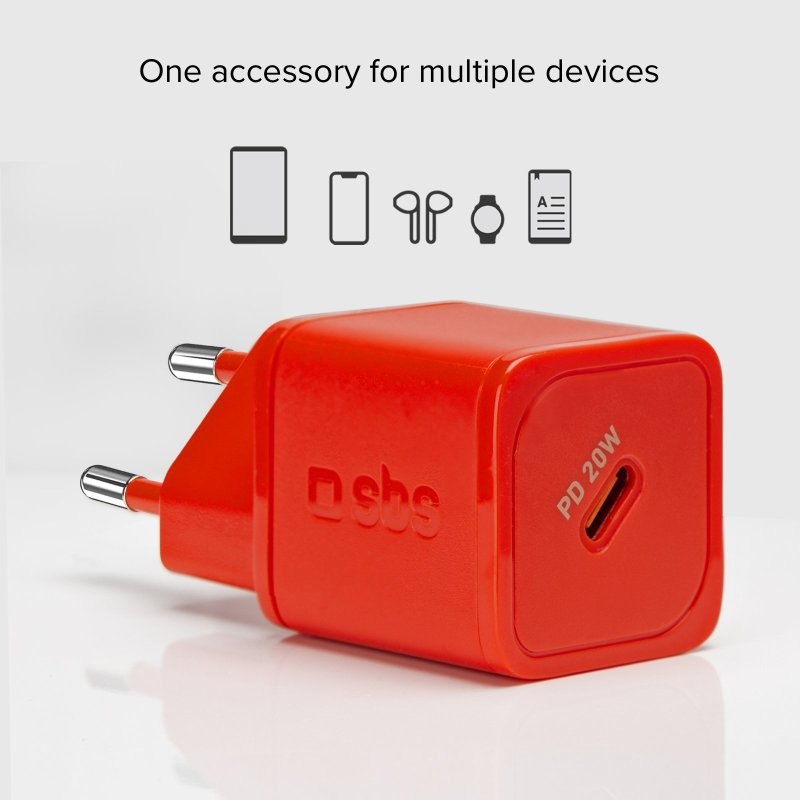 Ein roter Netzadapter mit europäischem Stecker und Gerätesymbolen.