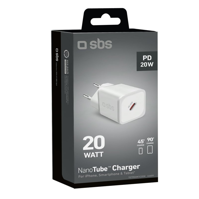 Weißes SBS 20W Ladegerät mit schwarzer Box. Es hat einen USB-Anschluss und eine Ladeanzeige.
