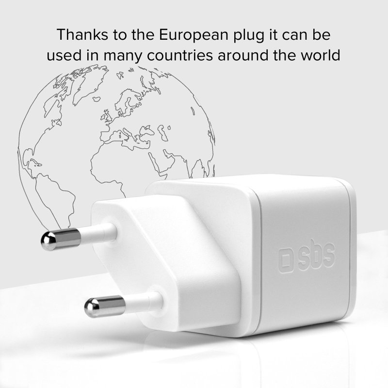 Ein weißes Ladegerät mit Eurostecker, mit einer Weltkarten-Umriss im Hintergrund.