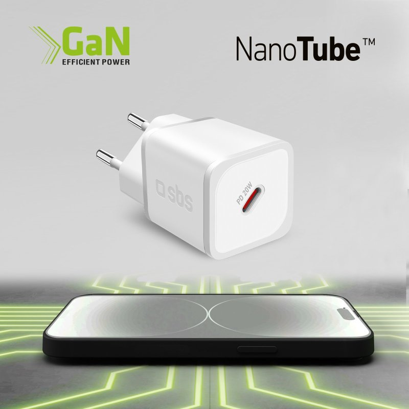 Weißes Ladegerät mit Telefon. Text: 'GaN' und 'NanoTube'.