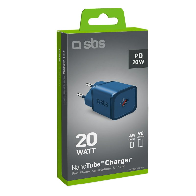 Blaues 20W PD-Ladegerät in einer grün-schwarzen Box. Weißer Text: 20W, NanoTube Charger. Schwarzer Hintergrund.